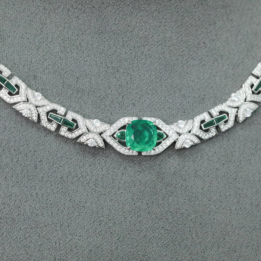 925 Silver Gold-Plated High Carbon Diamond Wood Green Inlaid Emerald Necklace