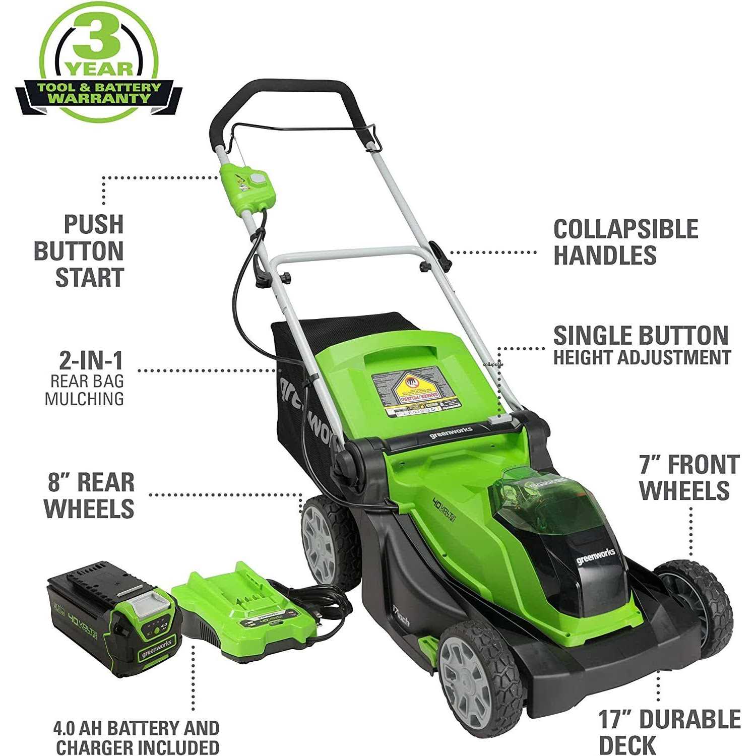 Greenworks 40V 17 Cordless Lawn Mower, 4.0Ah Battery and Charger Included