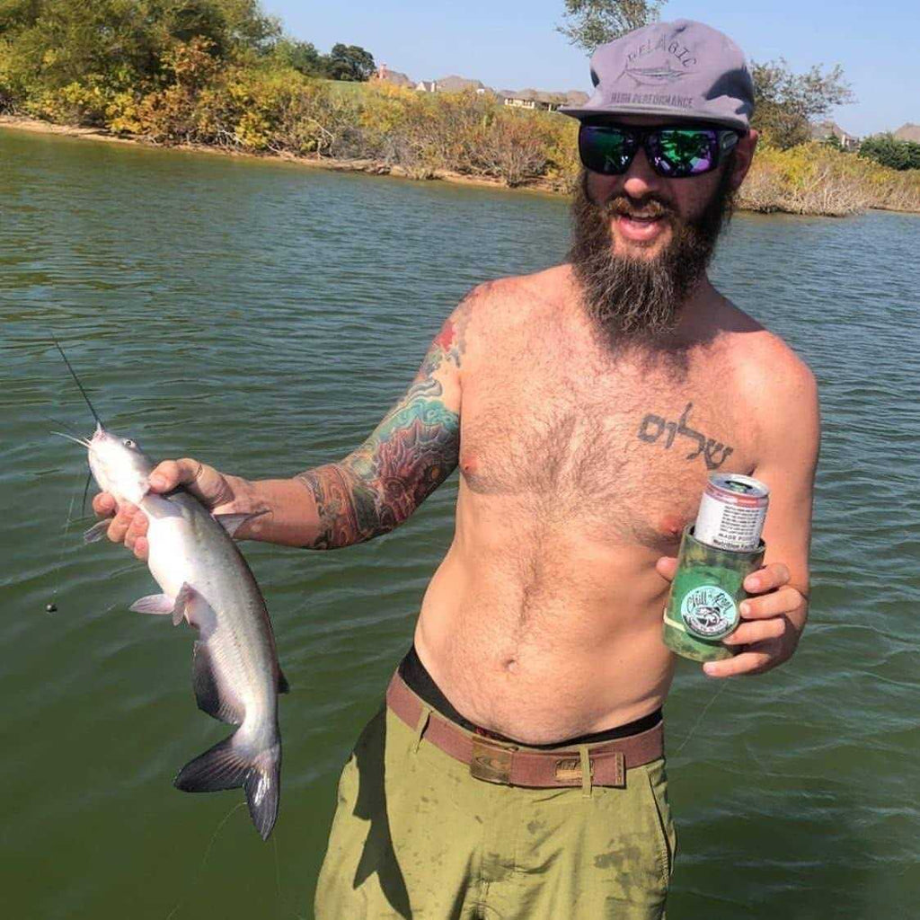 Chill-N-Reel Fishing Can Cooler Hard Shell Drink Holder with Hand Line Reel Attached