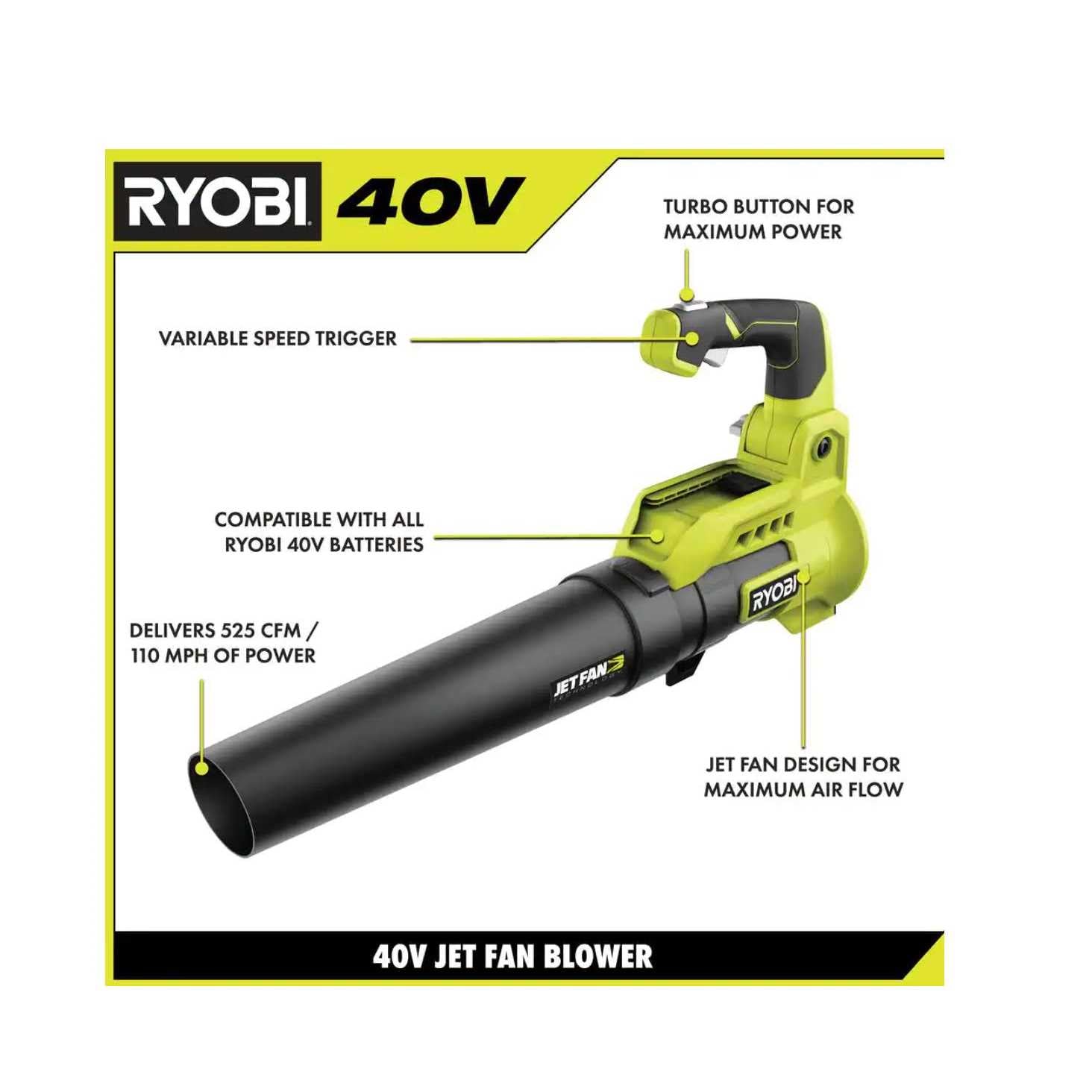 RYOBI 40V Cordless 110 MPH 525 CFM Cordless Leaf Blower and Cordless Leaf Vacuum/Mulcher w/ Batteries and Chargers