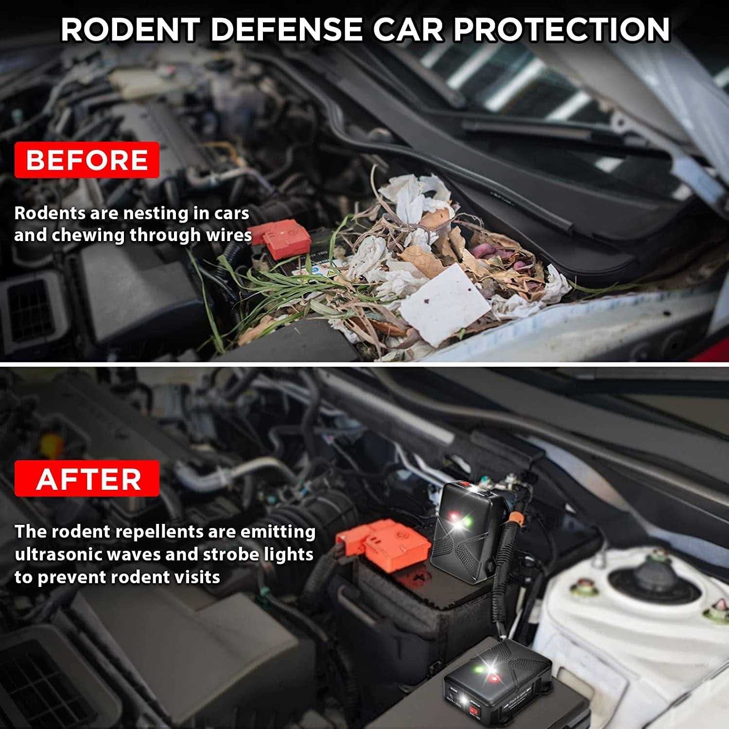 Loraffe Rodent Repellent Ultrasonic Under Hood Animal Repeller Battery Powered Rodent Strobe Light Keep Rat Mice Away from Car Engine Truck Garage