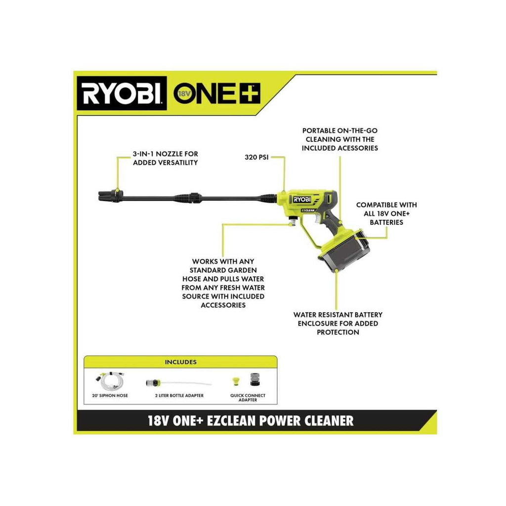 Ryobi RY120350 ONE+ 18V EZClean 320 PSI 0.8 GPM Cordless Cold Water Power Cleaner