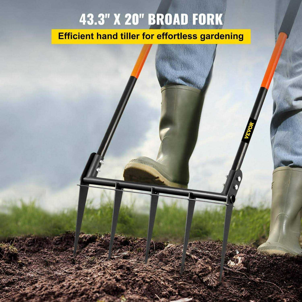 VEVOR Broad Fork Tool, 5 Tines 20 in Wide, Garden Tool with Fiberglass Handle for Gardening and Cultivating