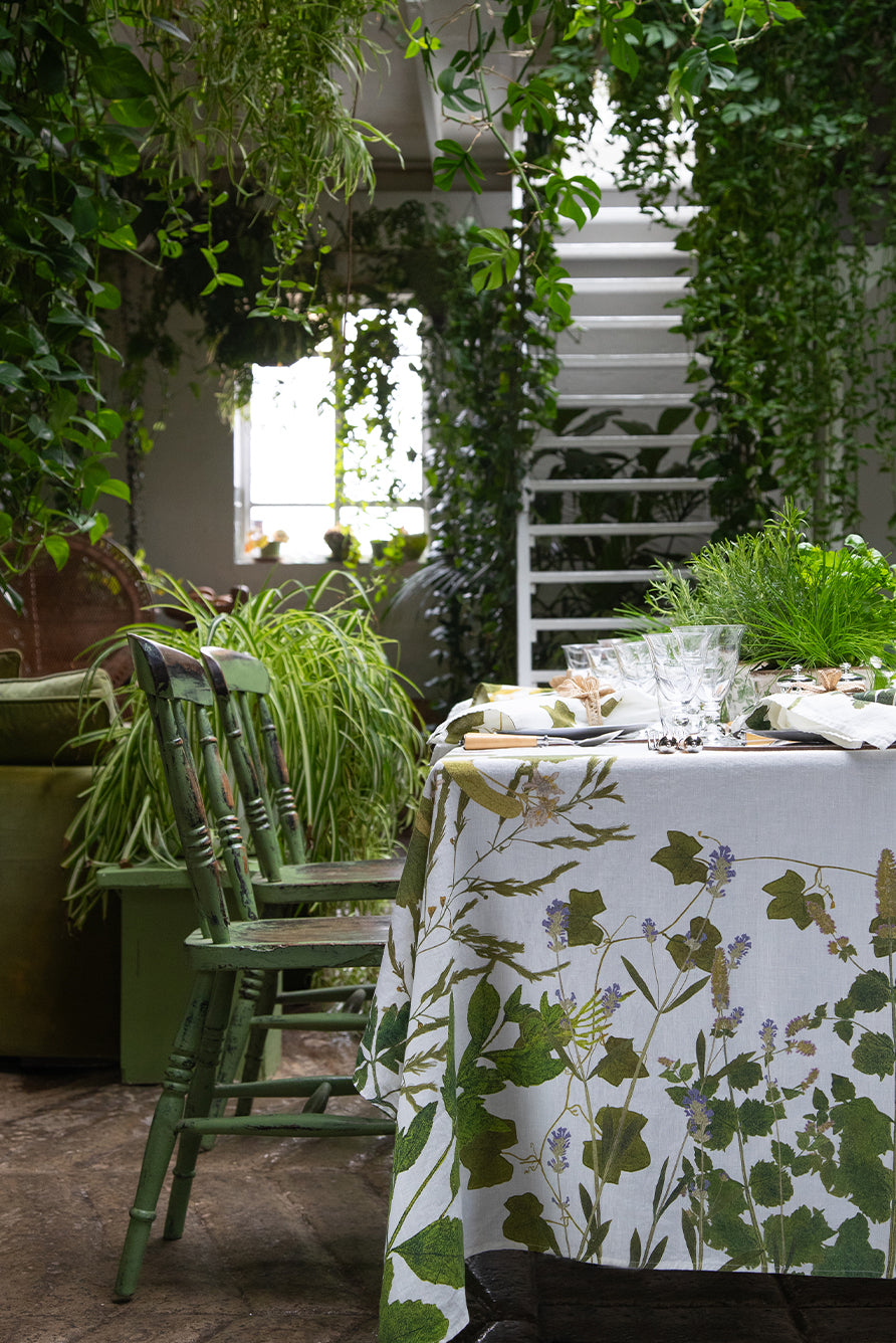 Rectangular Linen Tablecloth with Herb Garden Botanical Print
