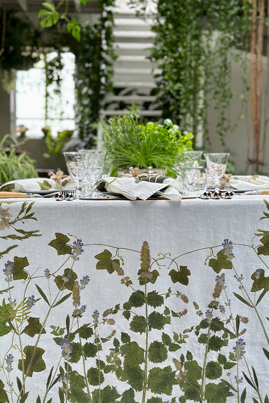 Rectangular Linen Tablecloth with Herb Garden Botanical Print