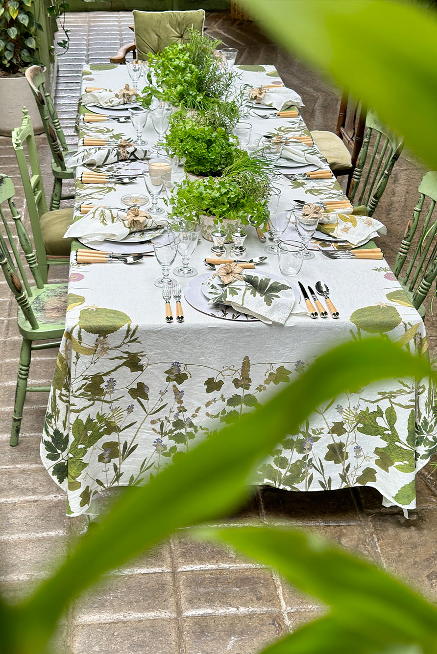 Rectangular Linen Tablecloth with Herb Garden Botanical Print