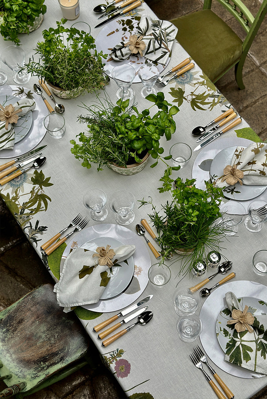 Rectangular Linen Tablecloth with Herb Garden Botanical Print