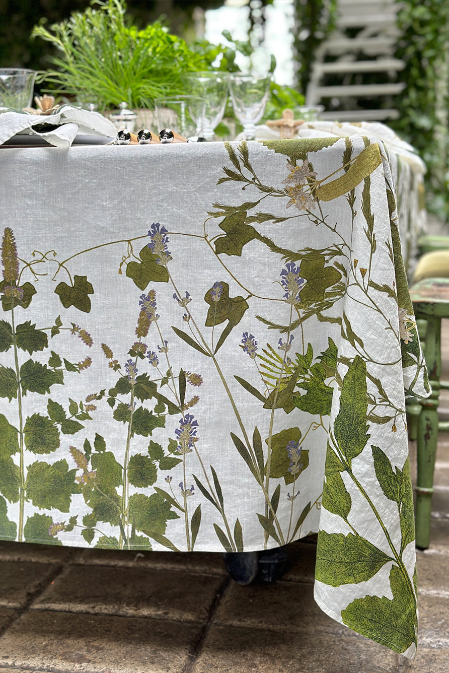 Rectangular Linen Tablecloth with Herb Garden Botanical Print