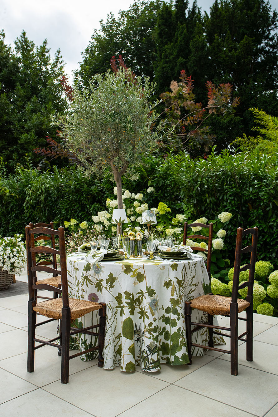Herb Garden Round Linen Tablecloth – 102 Inch Botanical Print Dining Cover