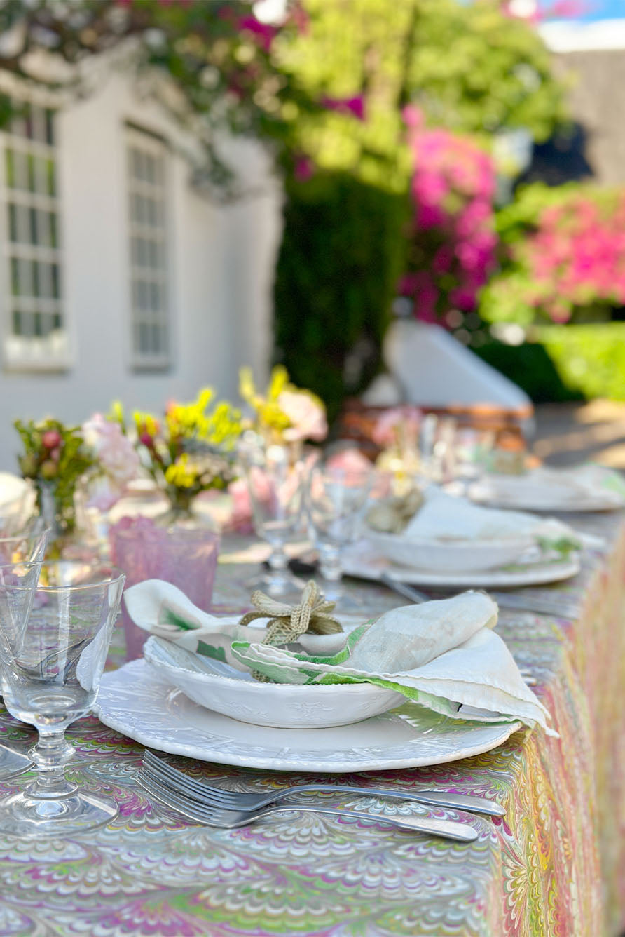 Modern Marble Pattern Rectangular Linen Tablecloth – Pink, Green & Yellow Abstract Design