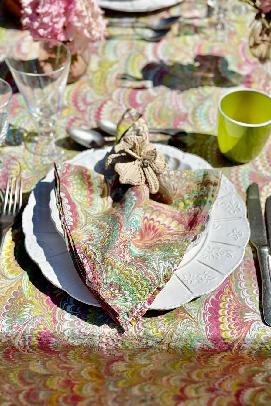 Modern Marble Pattern Rectangular Linen Tablecloth – Pink, Green & Yellow Abstract Design