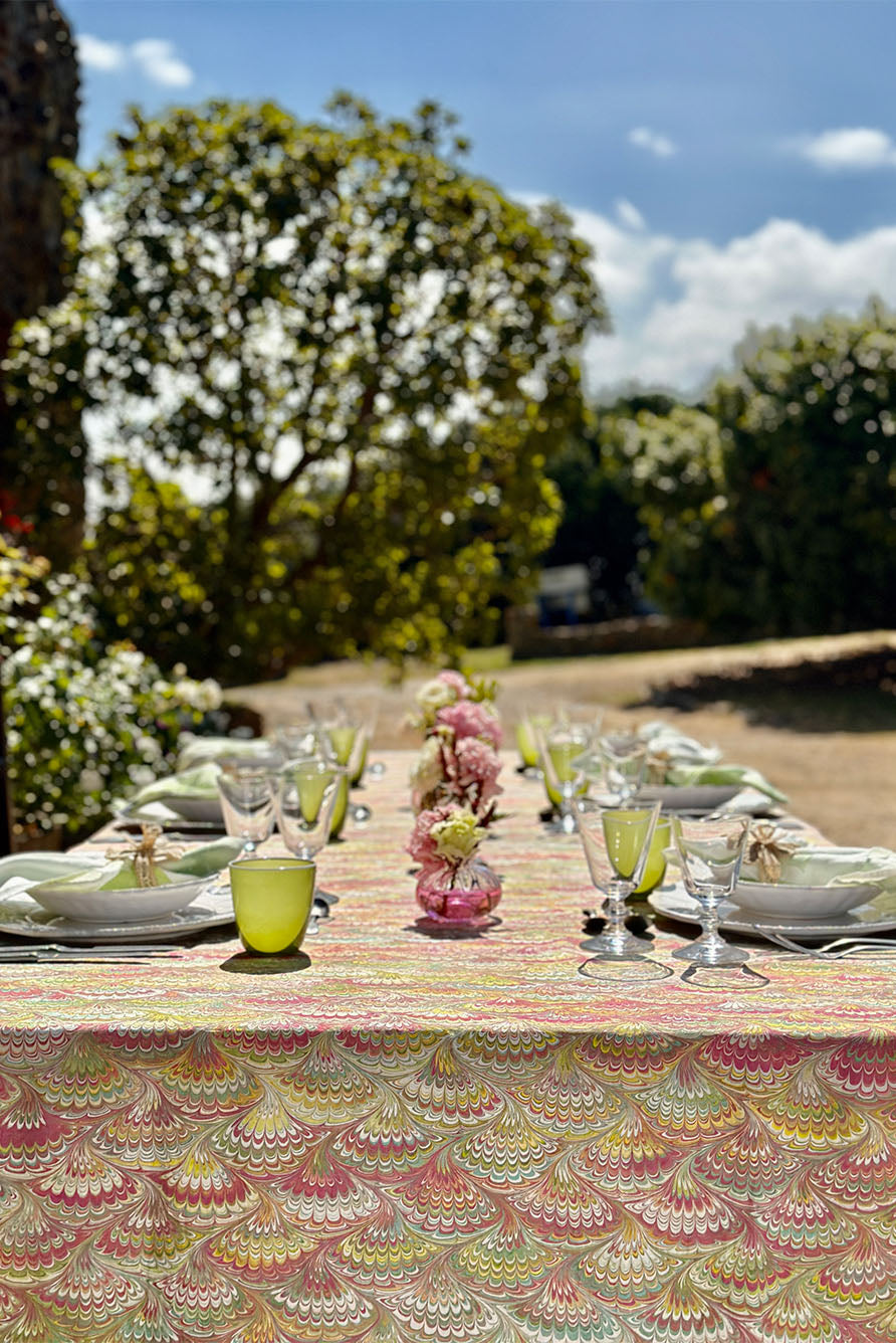 Modern Marble Pattern Rectangular Linen Tablecloth – Pink, Green & Yellow Abstract Design
