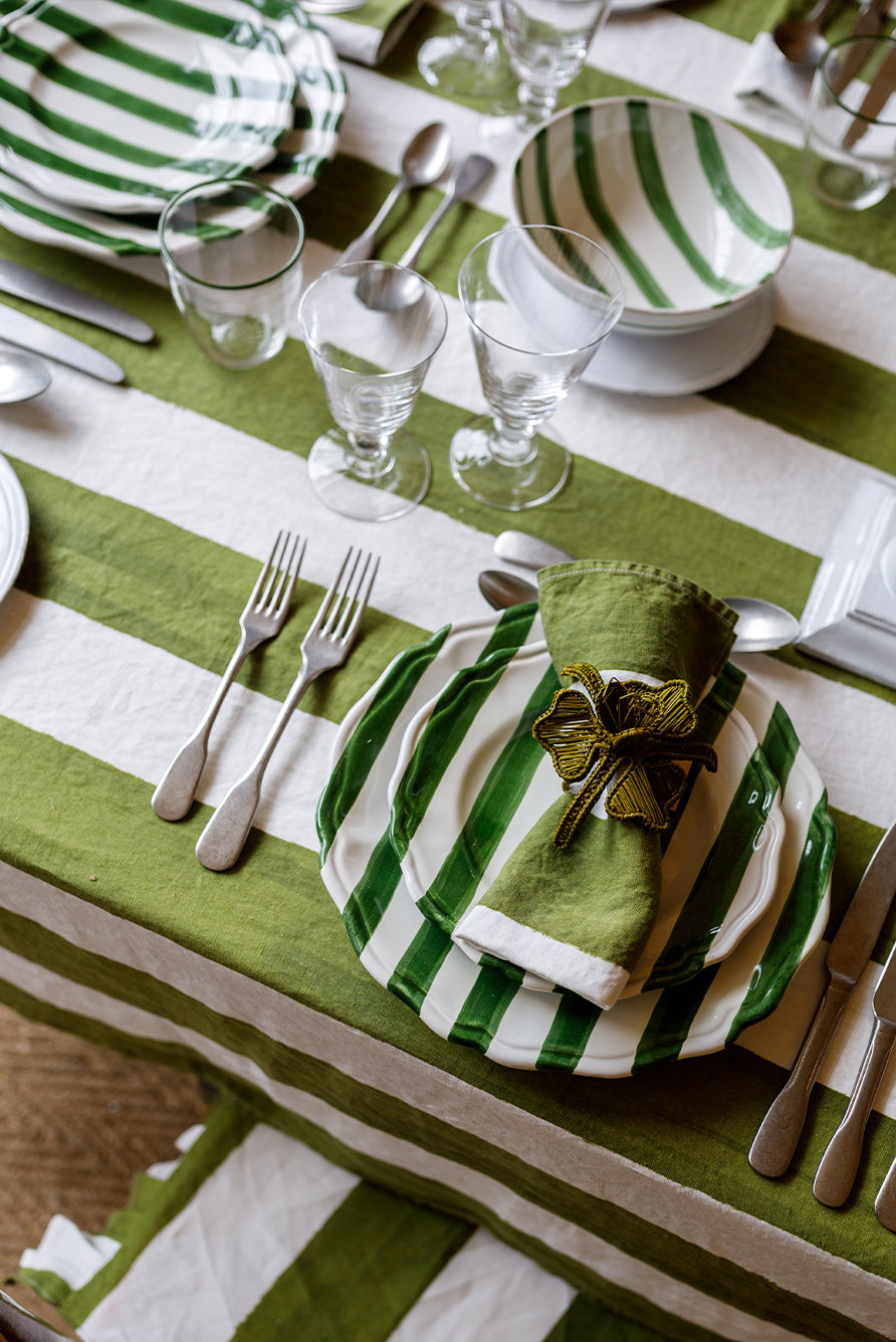 Rectangular Striped Linen Tablecloth – Sage Green & White Pattern for Dining Room & Patio