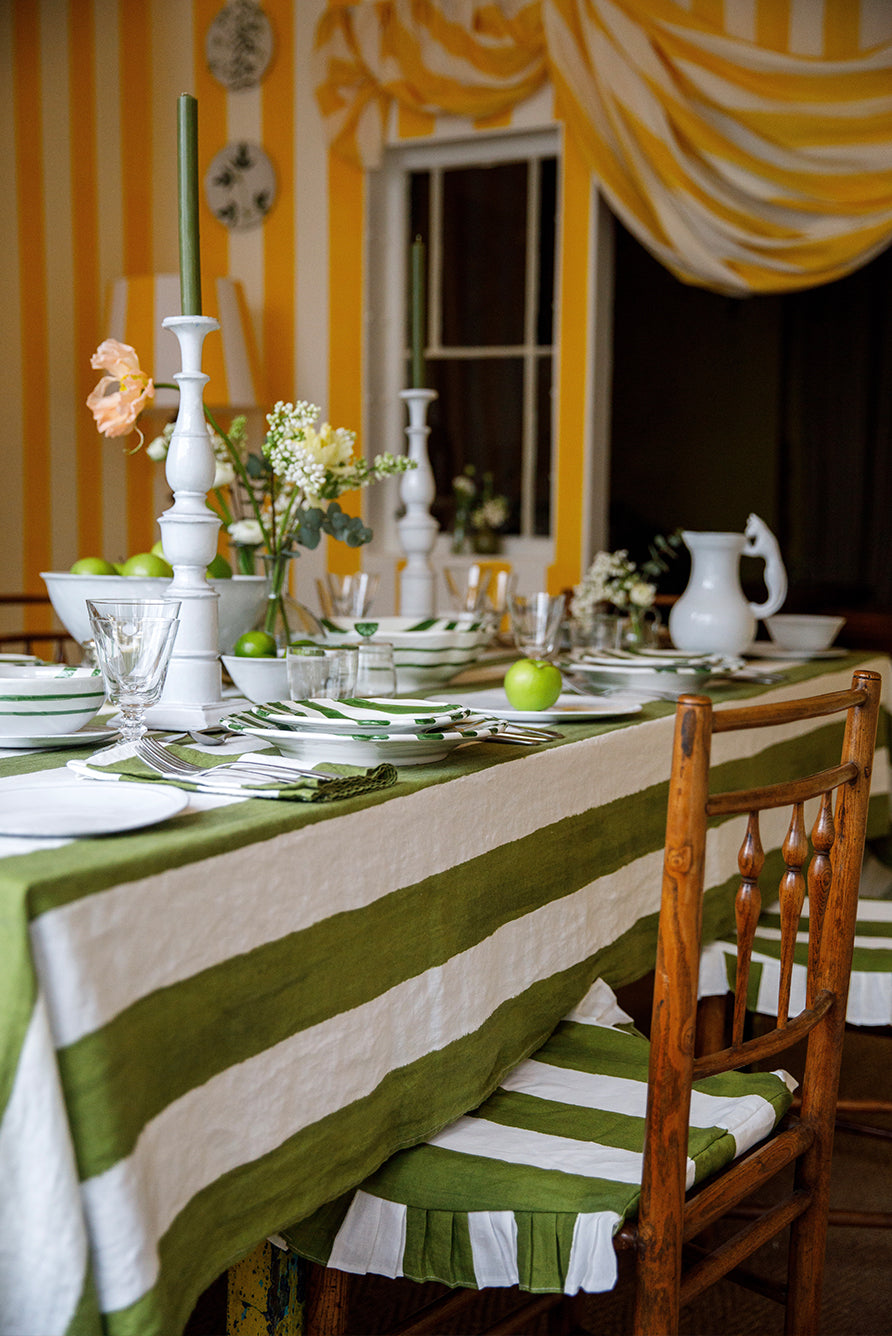 Rectangular Striped Linen Tablecloth – Sage Green & White Pattern for Dining Room & Patio