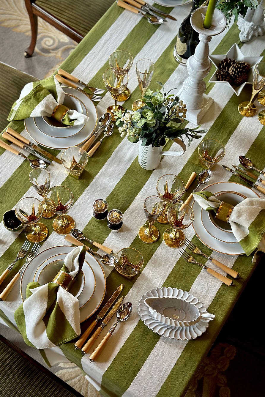 Rectangular Striped Linen Tablecloth – Sage Green & White Pattern for Dining Room & Patio