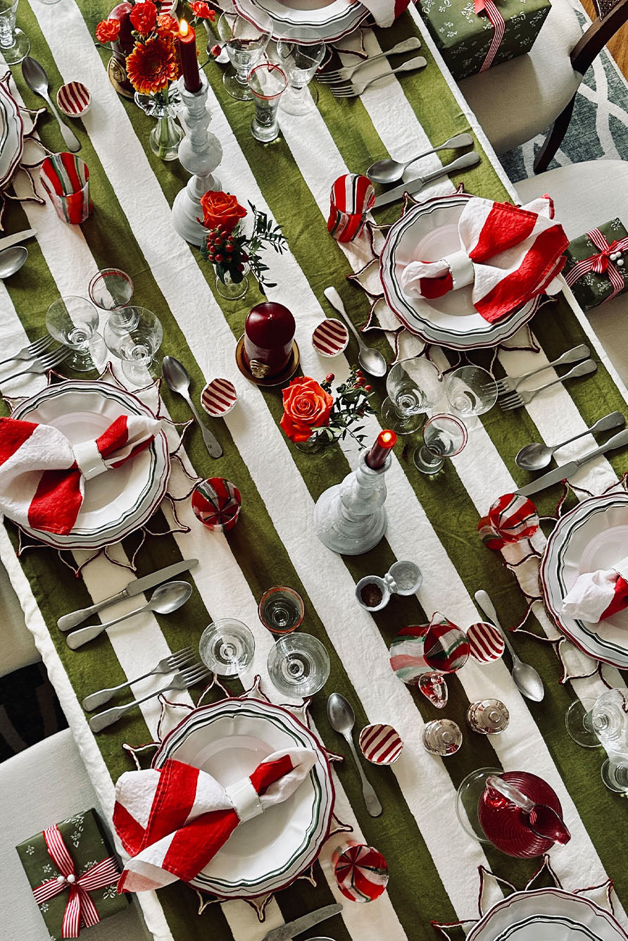 Rectangular Striped Linen Tablecloth – Sage Green & White Pattern for Dining Room & Patio