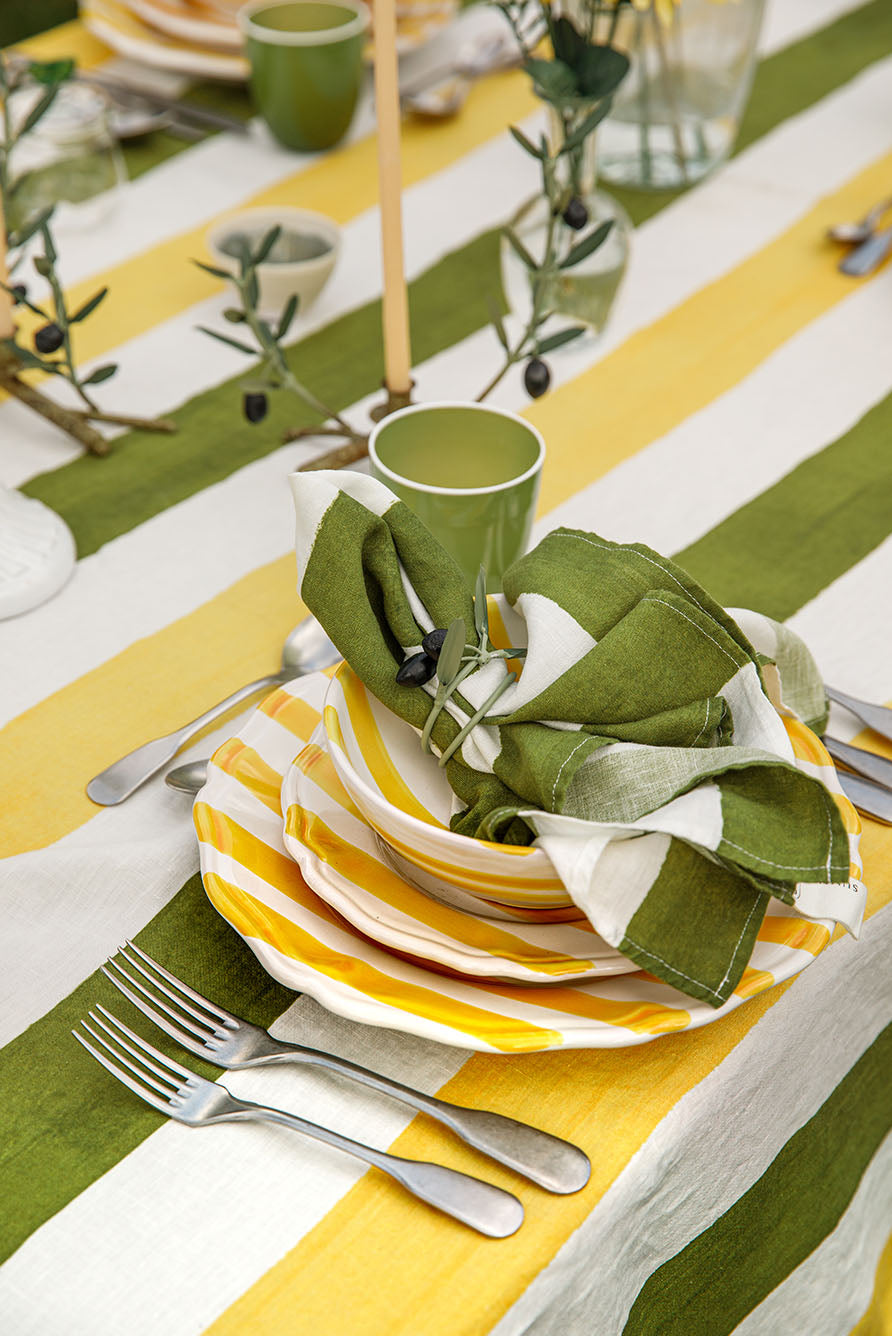 Striped Pure Linen Cloth Napkins – White & Avocado Green (20 x 20 Inches)