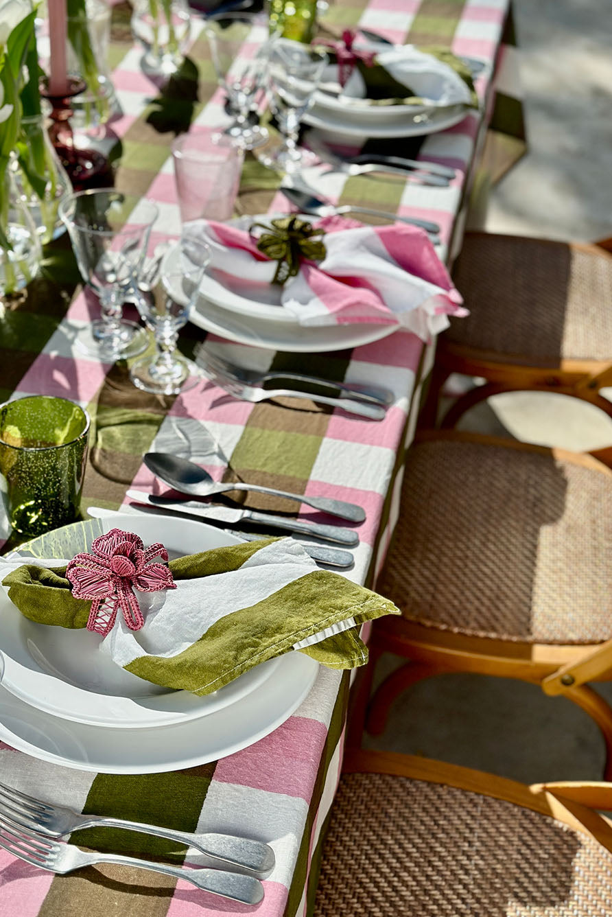 Striped Pure Linen Cloth Napkins – White & Avocado Green (20 x 20 Inches)