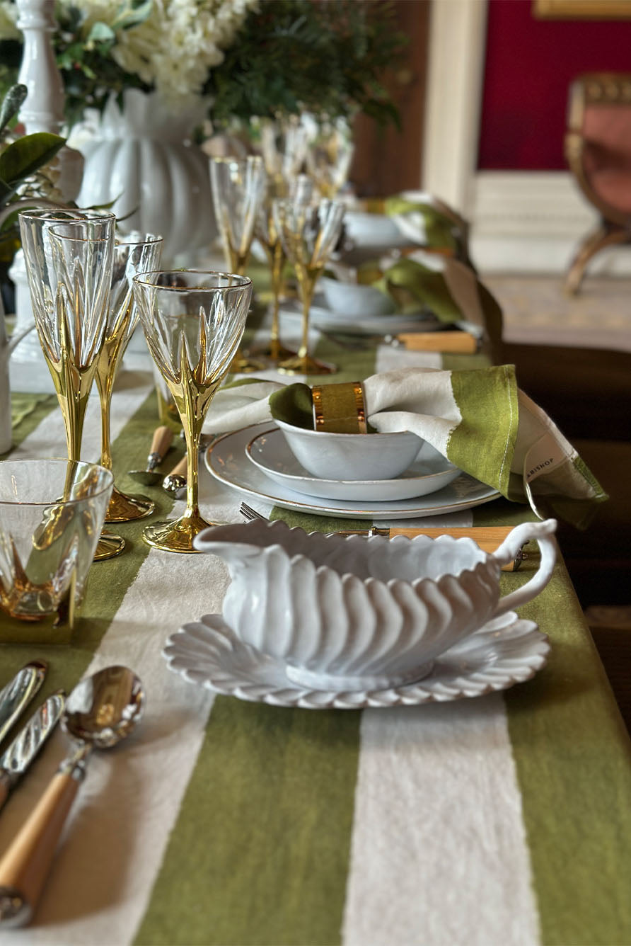 Striped Pure Linen Cloth Napkins – White & Avocado Green (20 x 20 Inches)