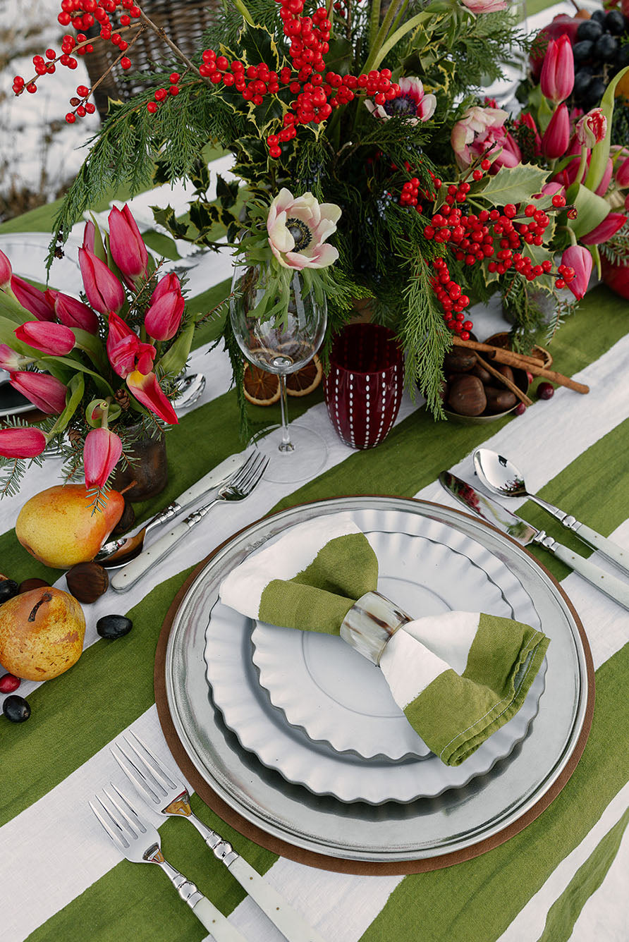 Striped Pure Linen Cloth Napkins – White & Avocado Green (20 x 20 Inches)