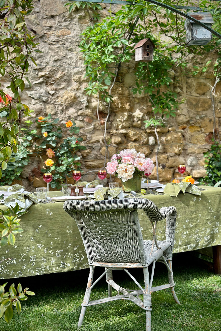 ‘Falling Flower’ Rectangular Linen Tablecloth – Avocado Green