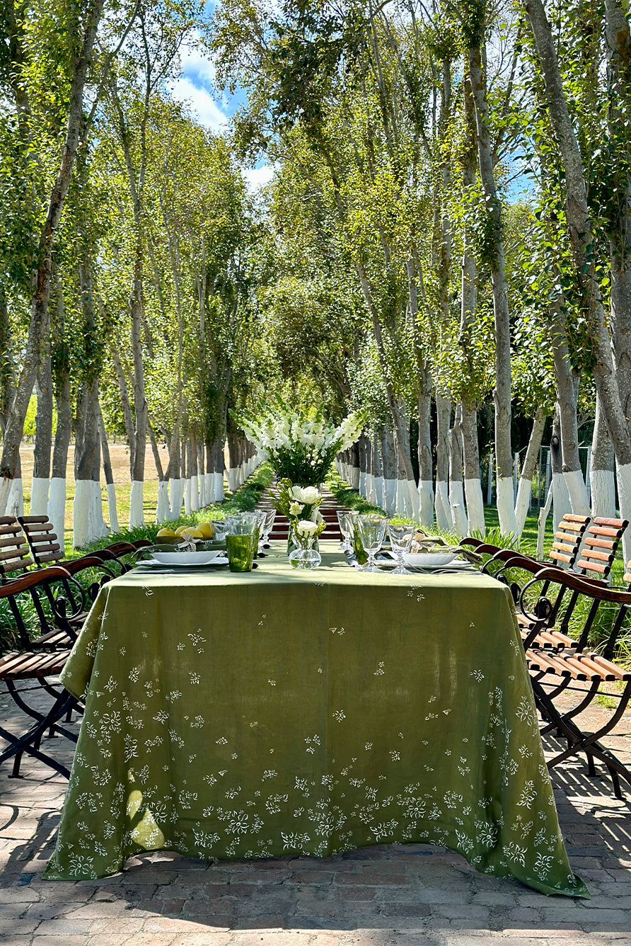 ‘Falling Flower’ Rectangular Linen Tablecloth – Avocado Green