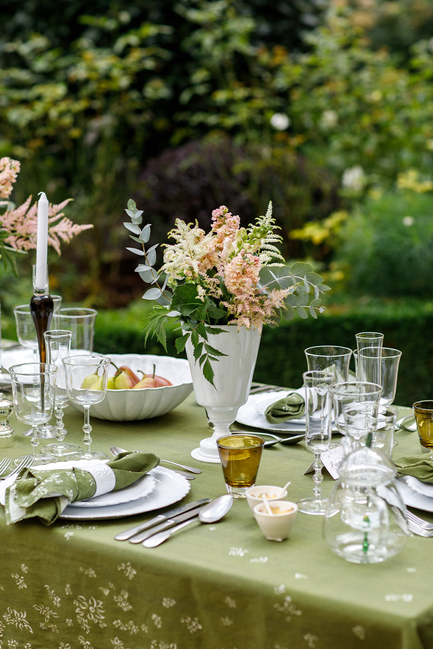 ‘Falling Flower’ Rectangular Linen Tablecloth – Avocado Green