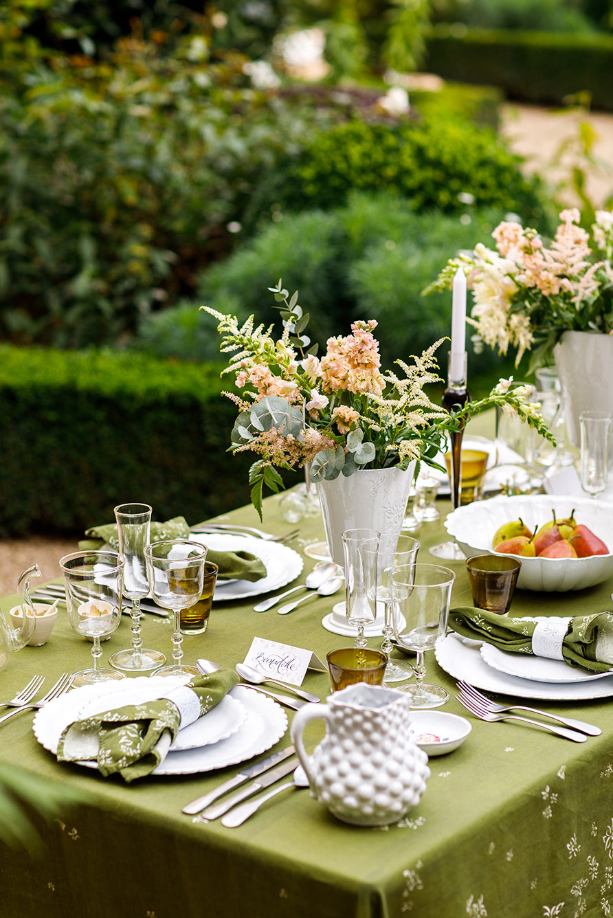 ‘Falling Flower’ Rectangular Linen Tablecloth – Avocado Green
