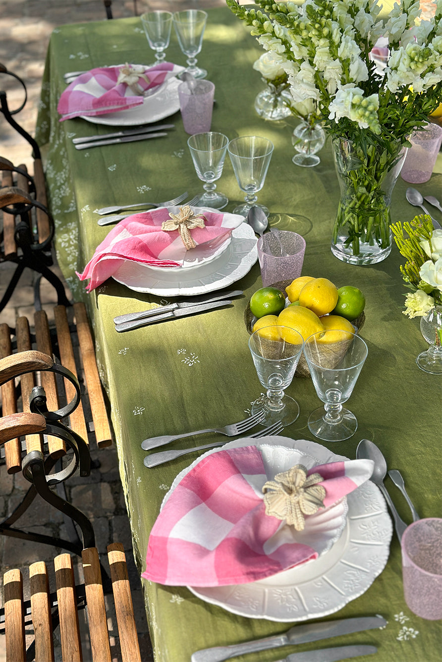 ‘Falling Flower’ Rectangular Linen Tablecloth – Avocado Green