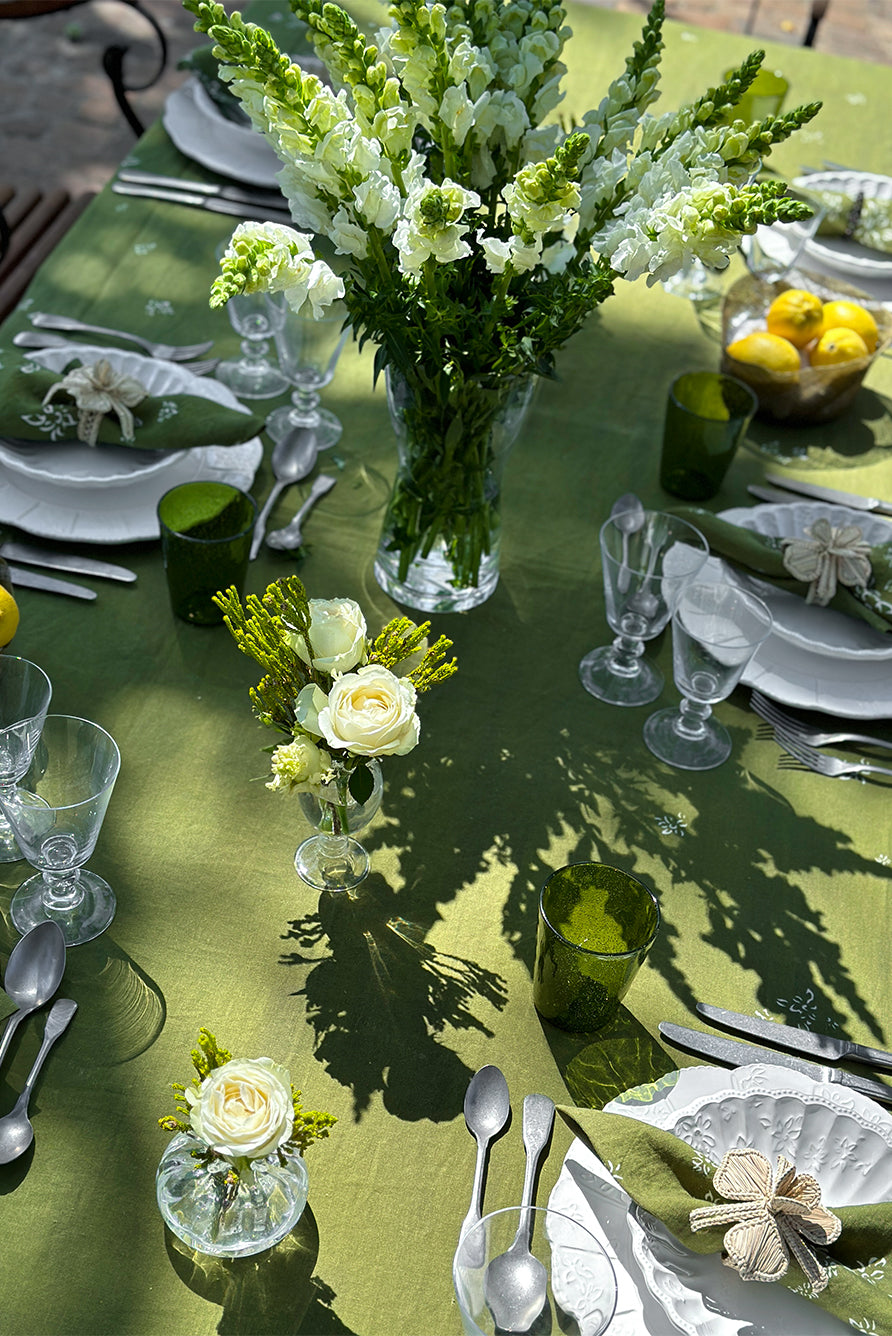 Falling Flower Embroidered Linen Napkins – Avocado Green Floral Table Linens, 20×20 Inch