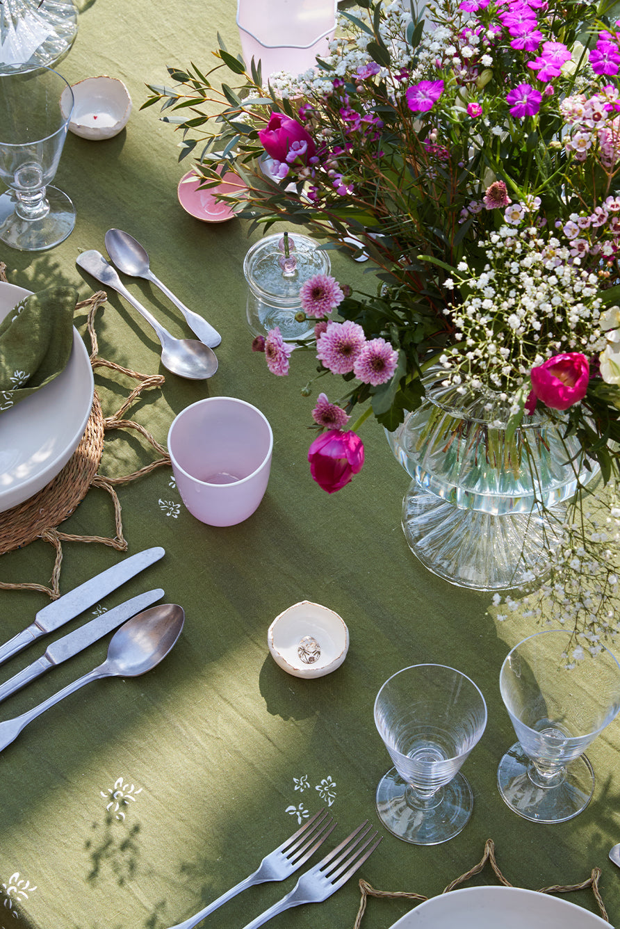 Falling Flower Embroidered Linen Napkins – Avocado Green Floral Table Linens, 20×20 Inch
