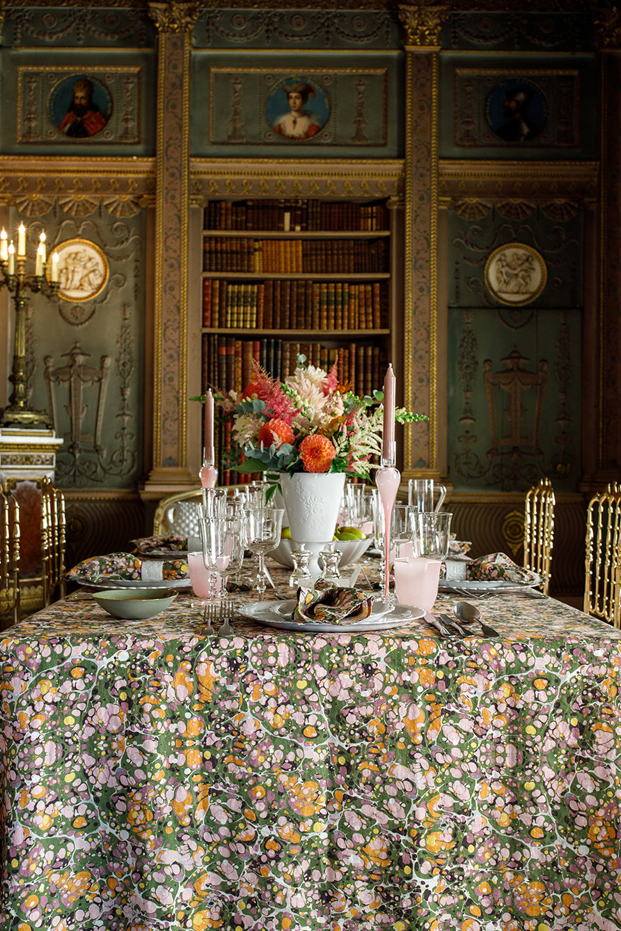 Marble Print Pure Linen Rectangular Tablecloth – Green, Rose Pink, and Orange