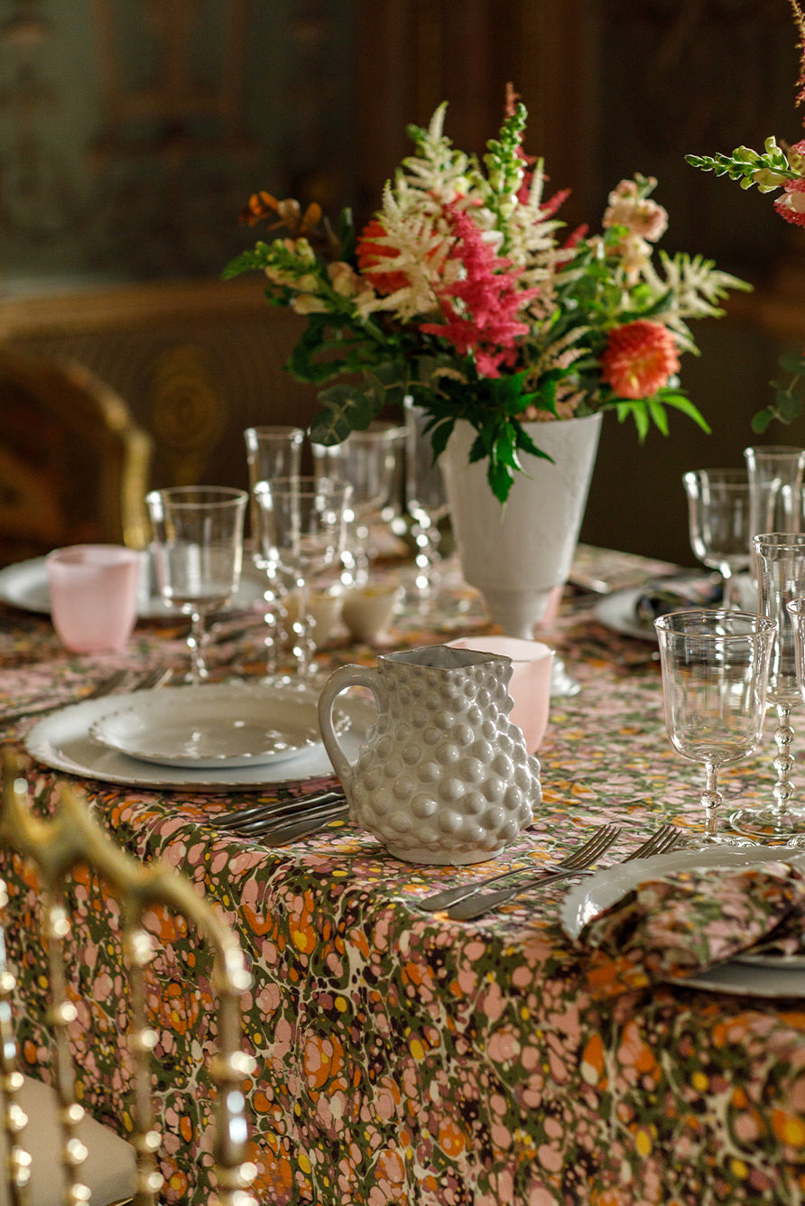 Marble Print Pure Linen Rectangular Tablecloth – Green, Rose Pink, and Orange