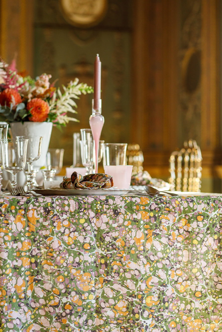 Marble Print Pure Linen Rectangular Tablecloth – Green, Rose Pink, and Orange