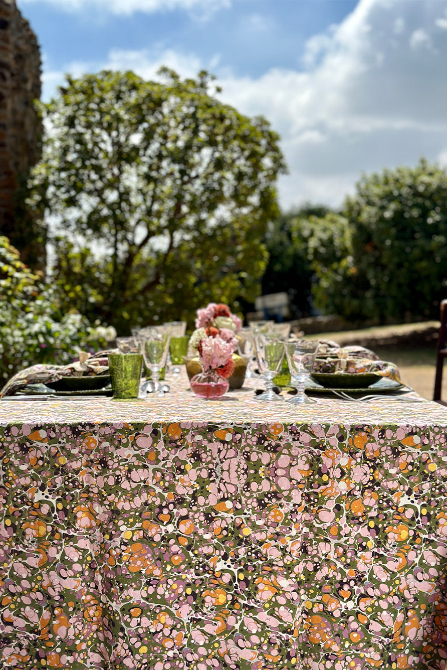 Marble Print Pure Linen Rectangular Tablecloth – Green, Rose Pink, and Orange