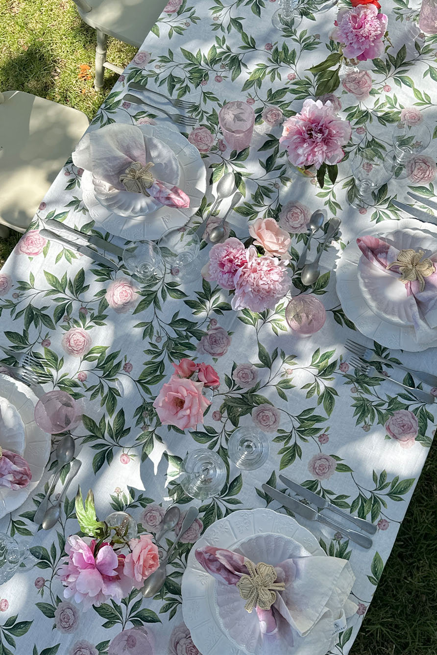 Floral Peony Pattern Rectangular Linen Tablecloth – Premium Breathable Fabric for Dining & Events