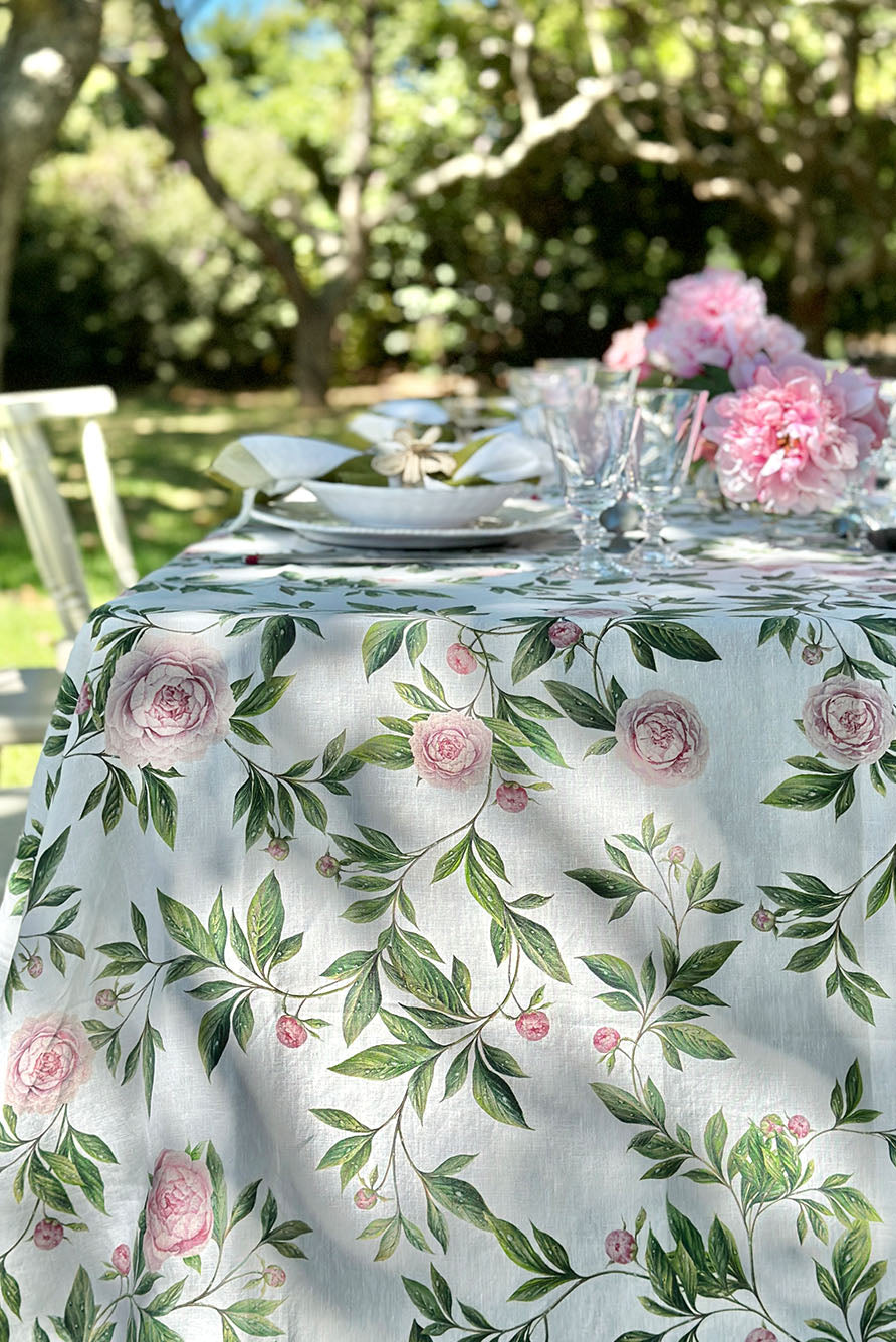 Floral Peony Pattern Rectangular Linen Tablecloth – Premium Breathable Fabric for Dining & Events