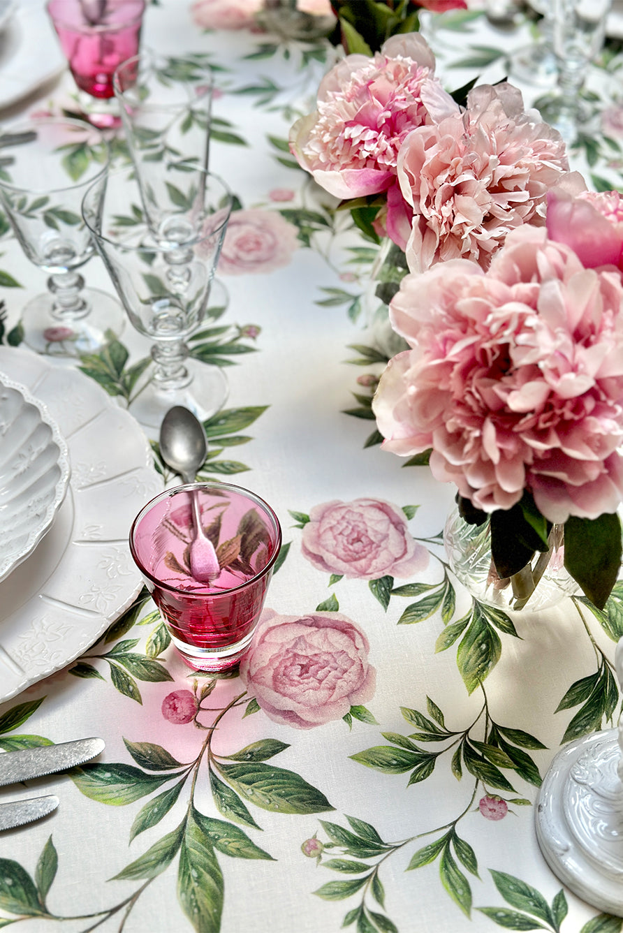 Floral Peony Pattern Rectangular Linen Tablecloth – Premium Breathable Fabric for Dining & Events