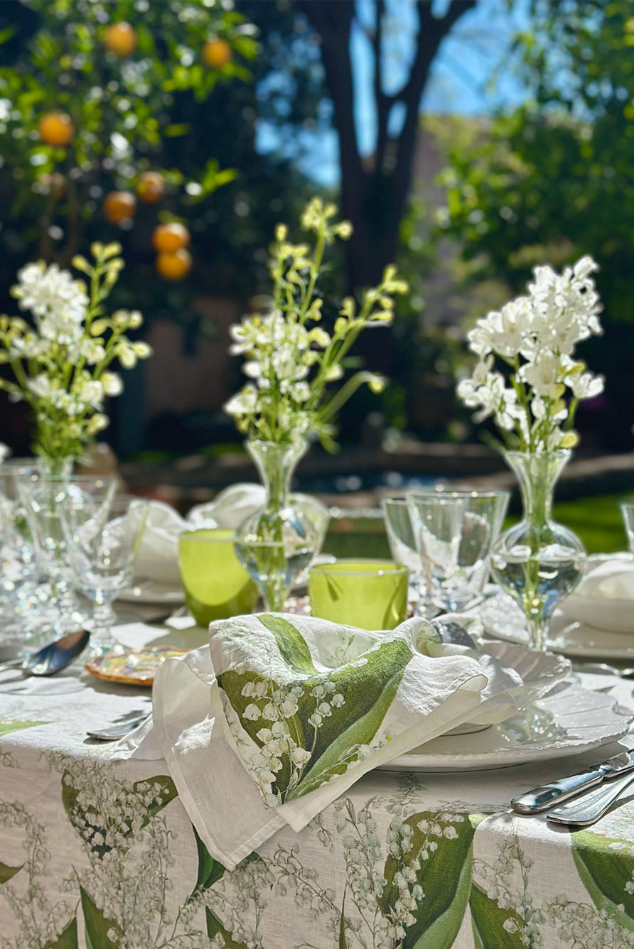 Elegant Lily of the Valley Embroidered Linen Tablecloth