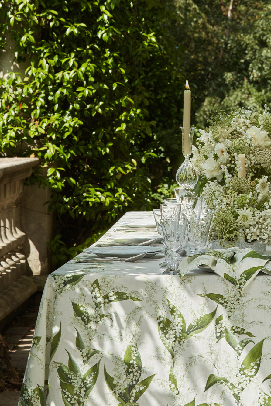 Elegant Lily of the Valley Embroidered Linen Tablecloth