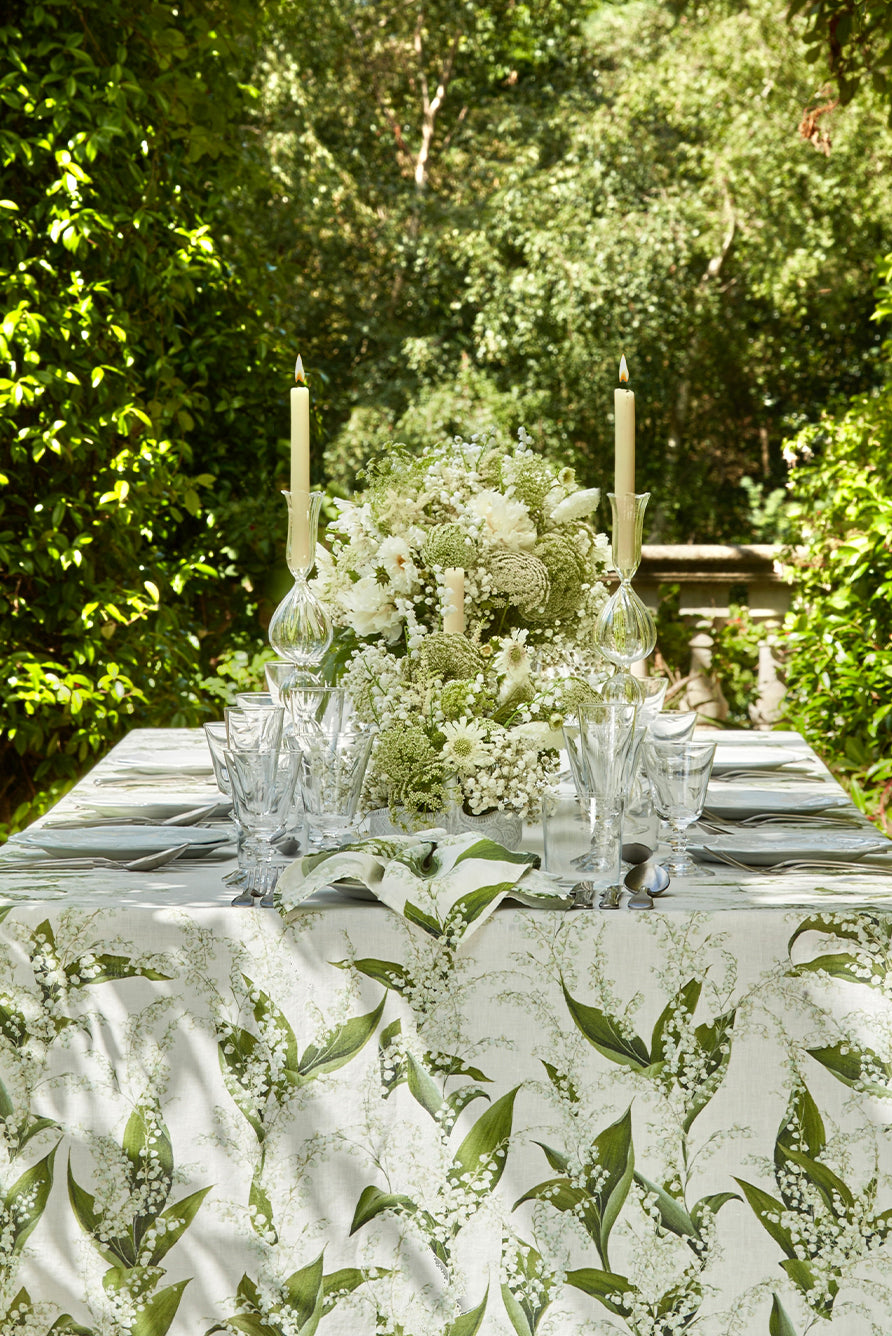 Elegant Lily of the Valley Embroidered Linen Tablecloth