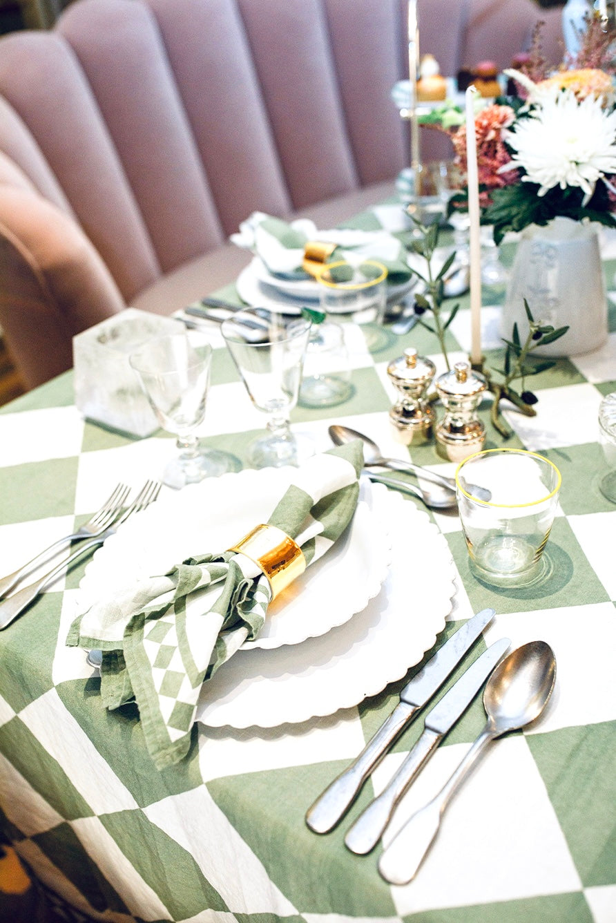 Green Checkered Pure Linen Tablecloth