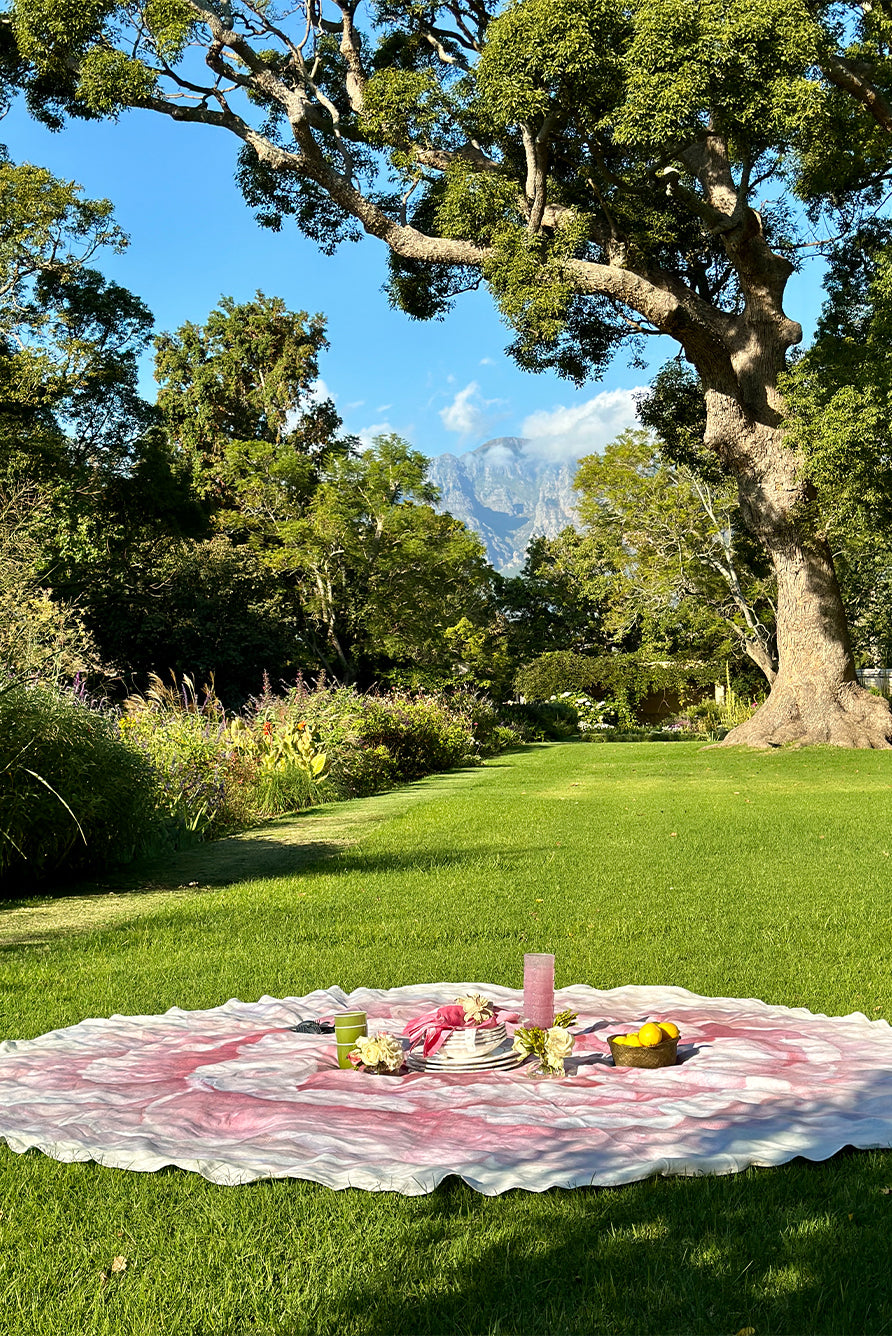 Pink Peony Hand-Painted Linen Tablecloth – 102 Inch Round Floral Dining Cover