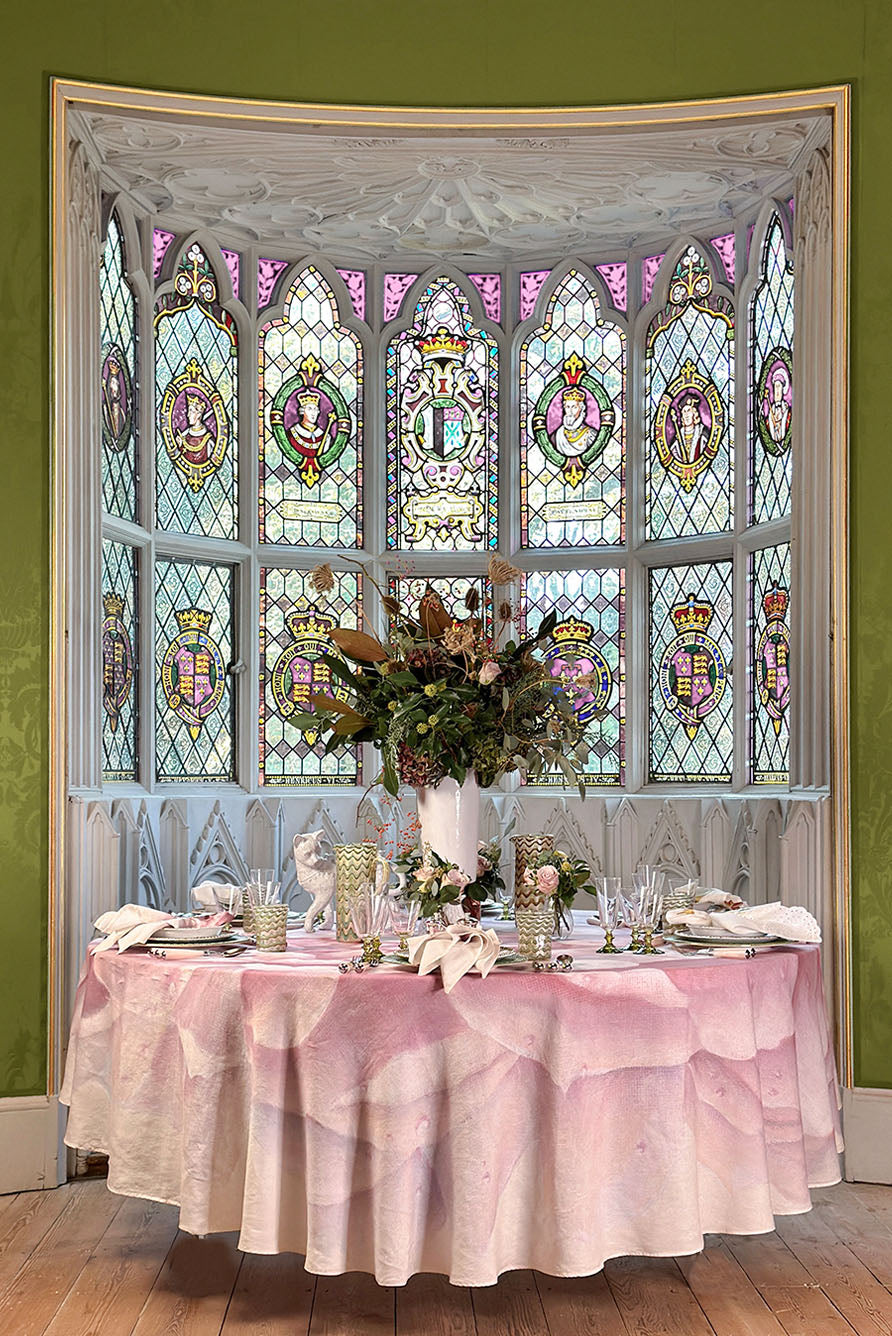 Pink Peony Hand-Painted Linen Tablecloth – 102 Inch Round Floral Dining Cover